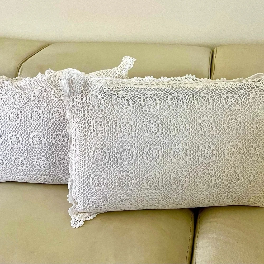 White Crochet Throw Pillows 21/26 inches